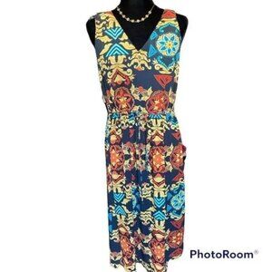 H&M Navy teal gold floral sleeveless lightweight dress
